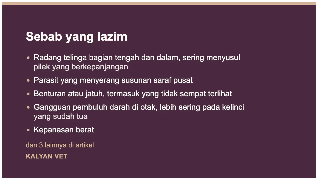 Sebab yang lazim pada Kelinci kepala miring, satu tanda dengan beberapa sebab yang berbeda