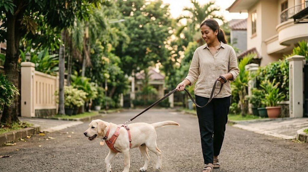 Melatih anak anjing berjalan dengan tali, tahap demi tahap